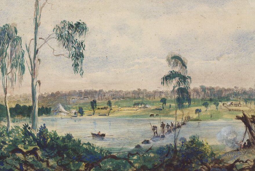 An early watercolour painting of Melbourne's Yarra River. 