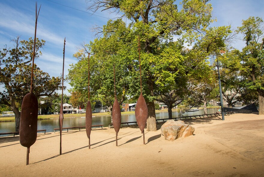 Outdoor Aboriginal art installation at Birrarung Marr park.