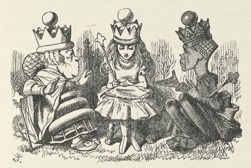 Black and white illustration of girl seated with bowed head, with two queens either side, all wearing crowns.