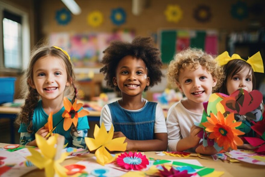 Primary school-aged children smiling and seated at an activity and craft table, making large paper cut out flowers.