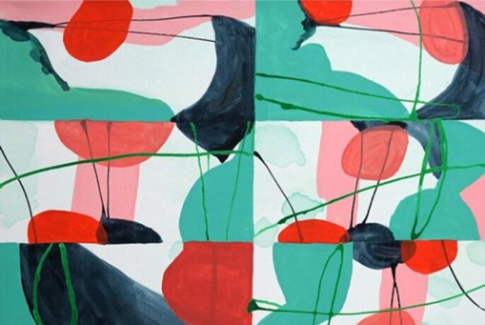 Abstract artwork in shades of red and green. 