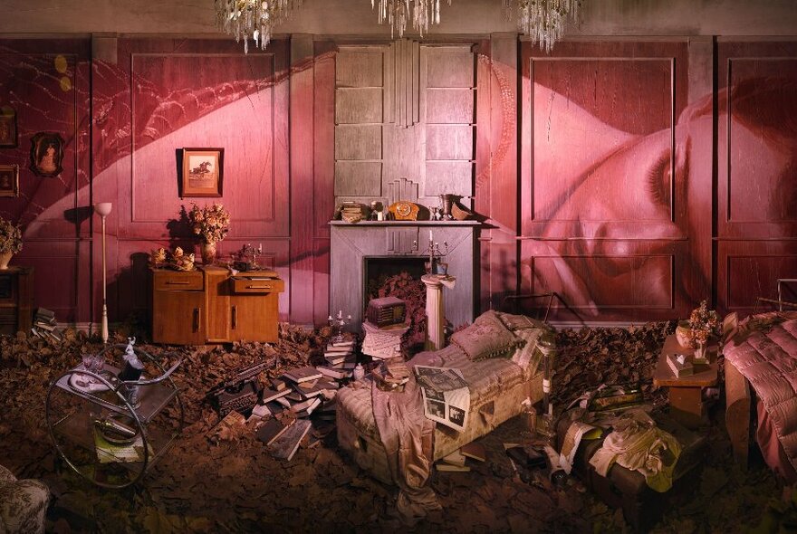 Artist Rone's pink-hued room installation depicting a dishevelled interior.