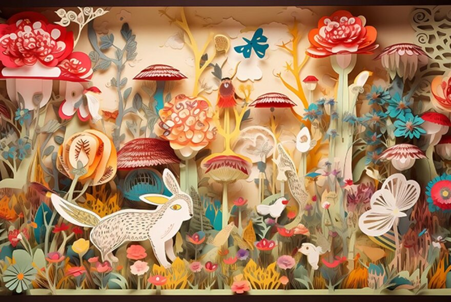 A 3D paper cut out diorama of a fantasy garden with flowers, plants, toadstools, butterflies, rabbits and other creatures.