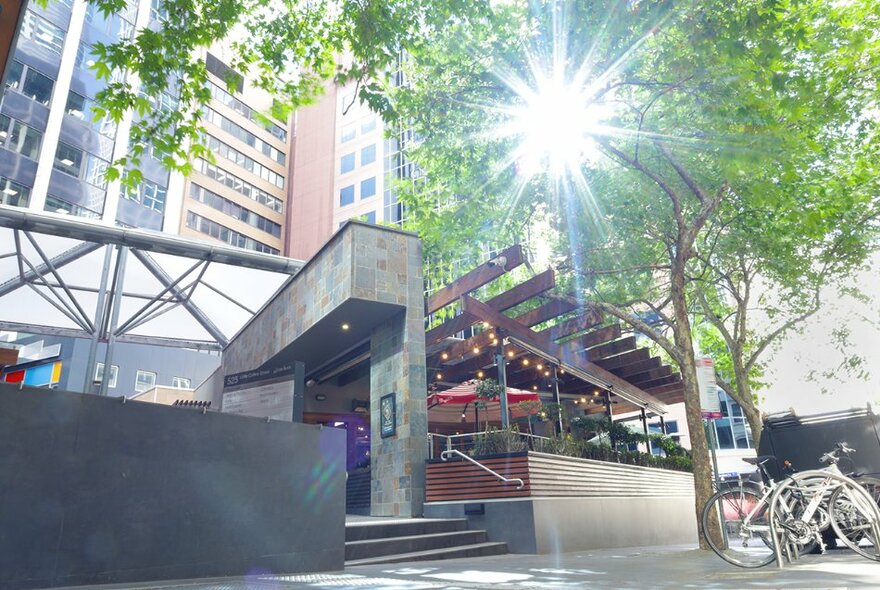 The exterior of the bar and restaurant Henry and the Fox, showing an outdoor deck, a large green tree in foreground and tall city buildings in the background.