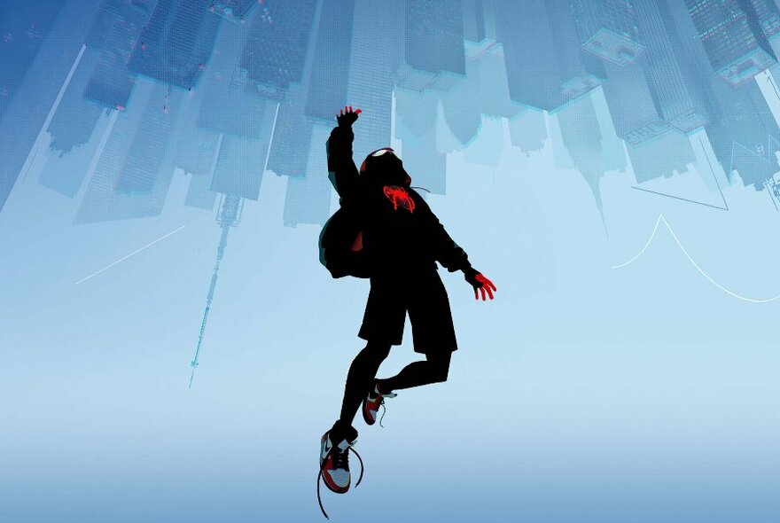 An animation of a silhouetted person falling with the city skyline inverted and their shoelaces undone. 