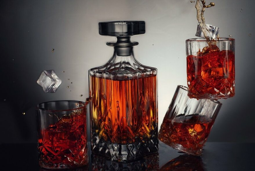 Decanter of amber-coloured liquor, surrounded by glasses.
