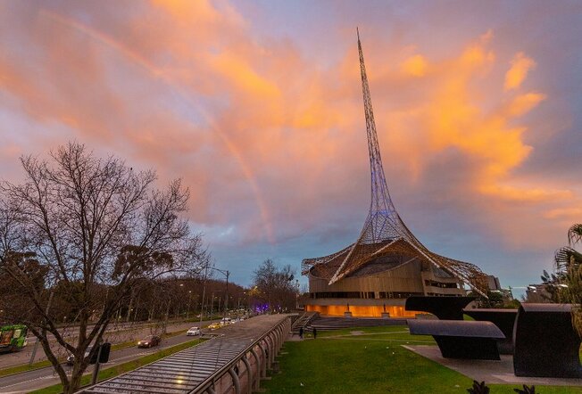 The Arts Centre spire at sunset.