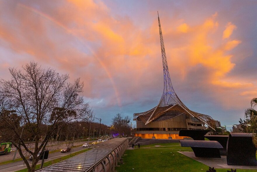 The Arts Centre spire at sunset.