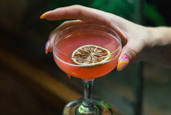 A manicured hand holding a cocktail glass with a dried citrus garnish.