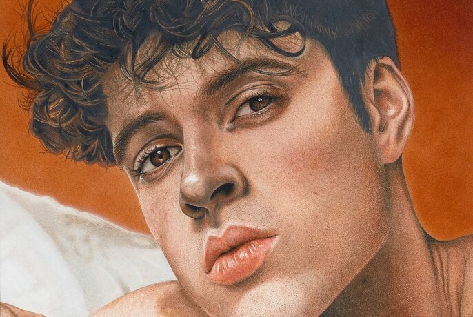 Close up painting of young man's face, with orange background.