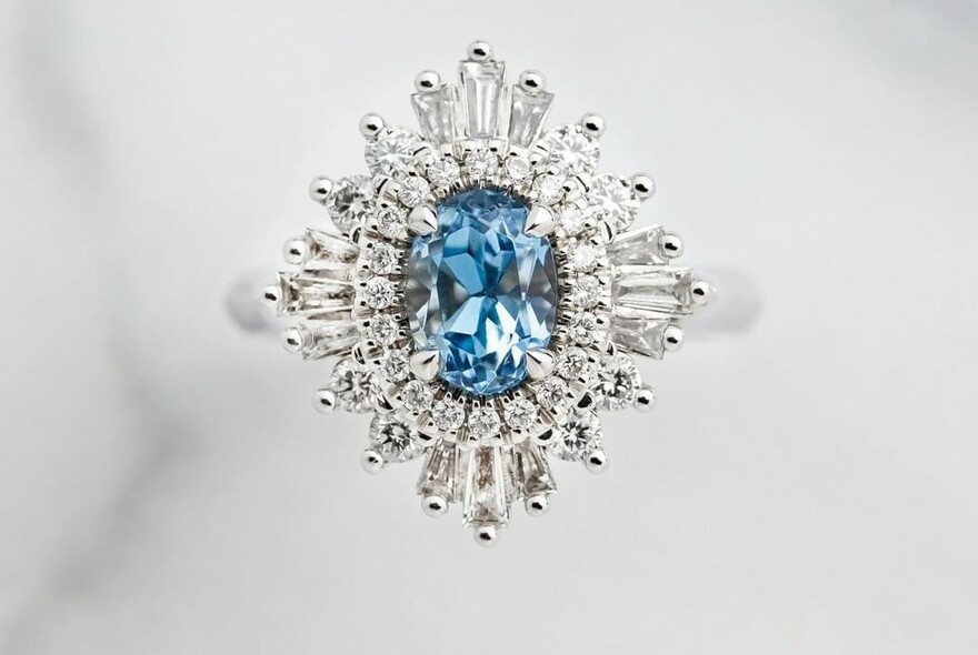 Diamond and blue gem ring.