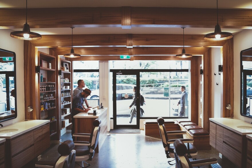 Interior of Alpha Barbers looking out towards the street. 