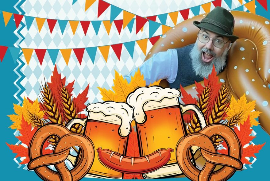 An illustration of two biers, wurst and pretzels with bunting and a bearded man in a hat with his mouth wide open.