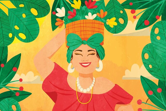 A colourful illustration of a smiling woman dressed like Carmen Miranda in a leafy garden