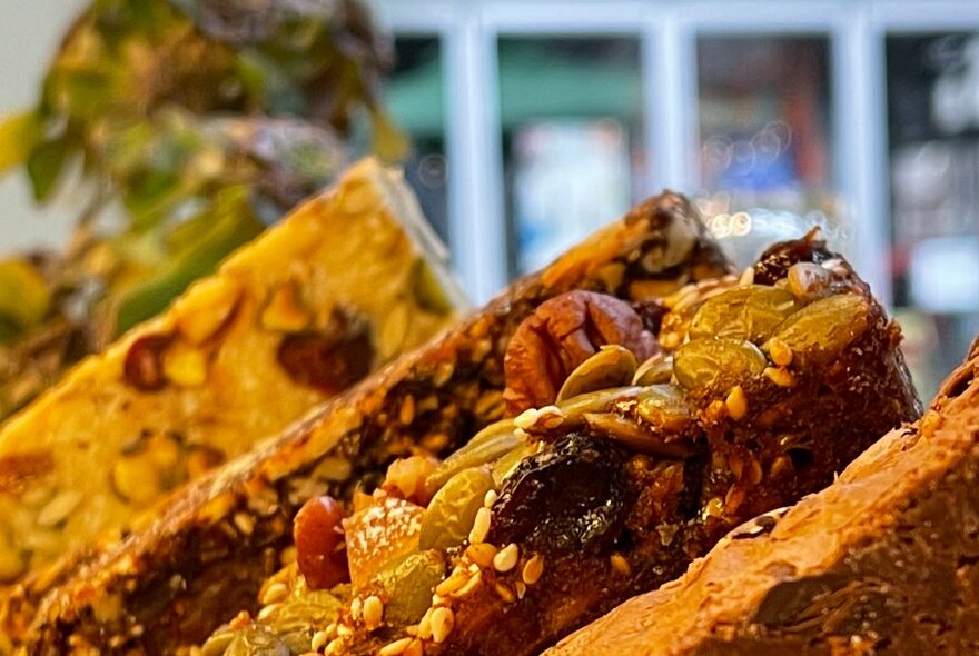 Close-up of fruit and nut filled muesli slices.