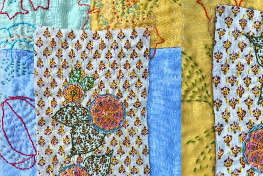 Patchwork fabric squares layered on top of each other with patterns.