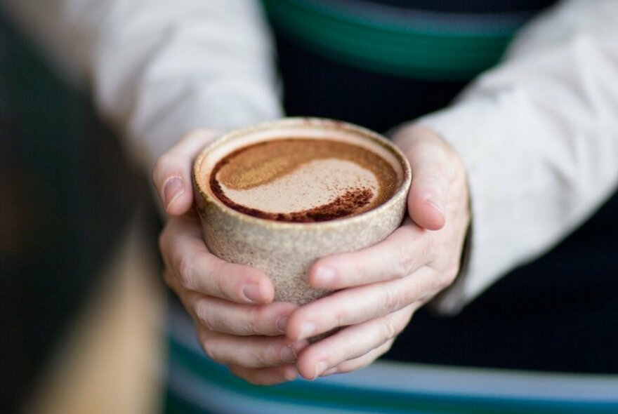 A person's hands holding a hot chocolate