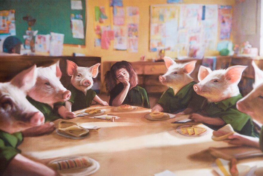 Artwork of a six pigs all wearing green short sleeved shirts, seated around an oval table in a classroom, with one girl also seated at the far end of the table in the same green shirt resting her chin on her hand.