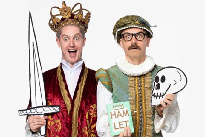 The two actors who form the comedy duo The listies, dressed in royal costumes, and holding cut-out cardboard props such as a sword and a human skull.