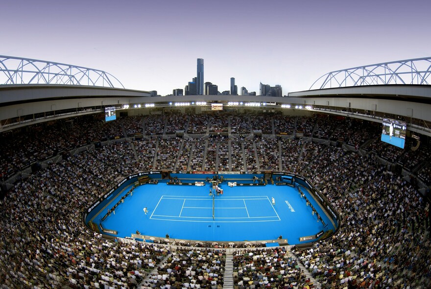 Packed audience inside Rod Laver Arena - the centre court for the Australian Open tennis tournament. 