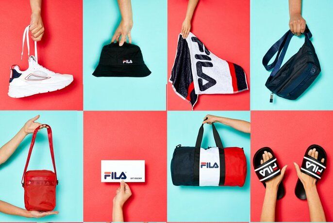 Composite of two rows of FILA sports wear item on alternating red and aqua tiles.