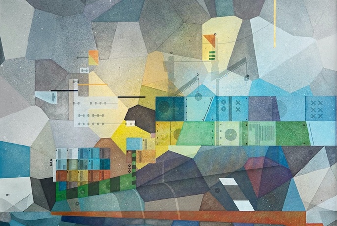 Colourful painting of a container ship that is made up of cubist or block like shapes.