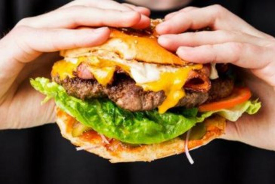 Two hands holding a large burger with lettuce, tomato, beef and cheese. 