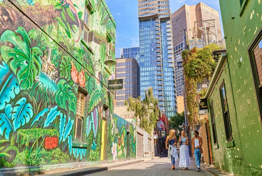 Three friends are walking down a laneway there is street art of a jungle on one wall