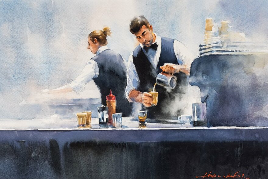 Watercolour painting of a barista pouring glasses of coffee behind a bar.