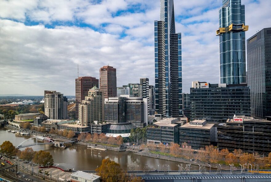 View looking over to Southbank skyscrapers, promenade and Yarra River.