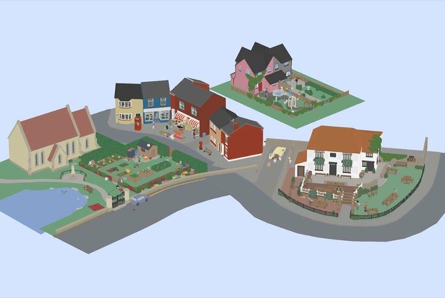 A computer graphics illustration with old-fashioned houses clustered around a pond.