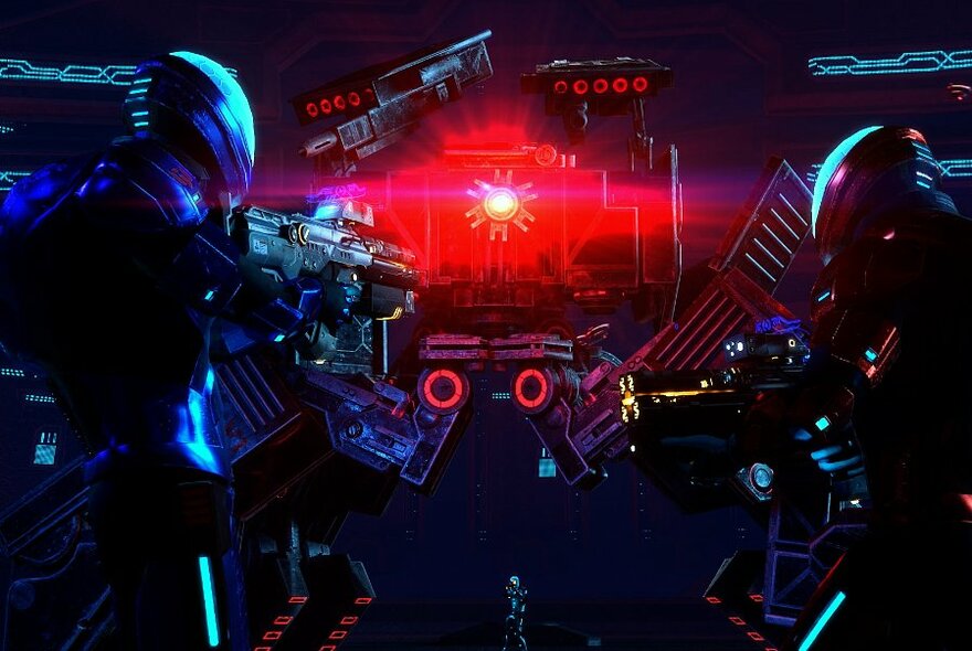 A game scene with red lights and players in helmets. 