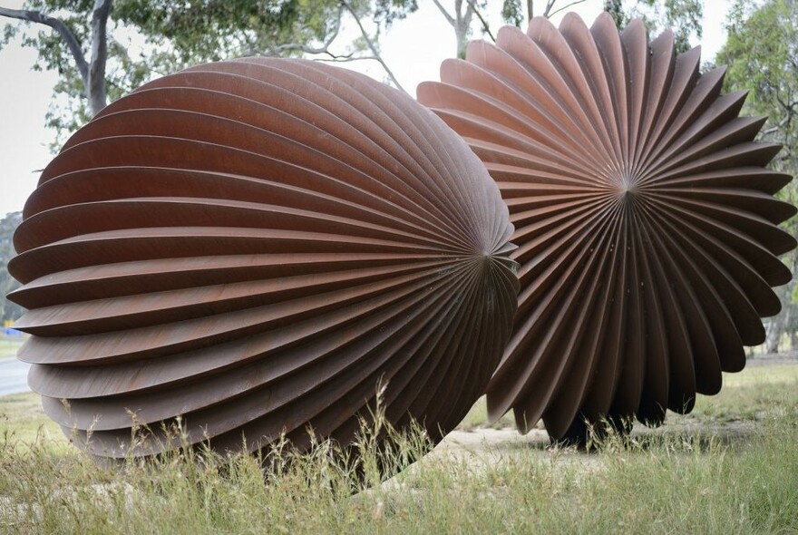 Two large pod-like steel sculptures in parkland.