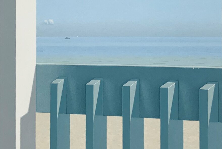 Painting of a beach and sky horizon, visible over the top of a blue wooden fence.