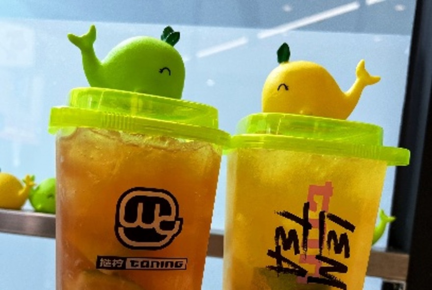 Two plastic takeaway cups of iced tea with a small toy whale resting on top of each cup.