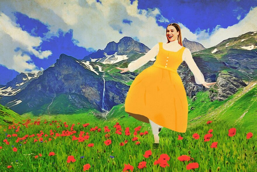 Famous still from the film "The Sound of Music" with a singing person walking through green meadows with the Swiss Alps in the background, but edited to display a random face in place of the where the actor Julie Andrew's head should be.
