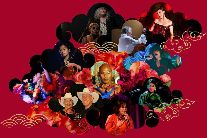 Collage of performers on a cloud and maroon background.