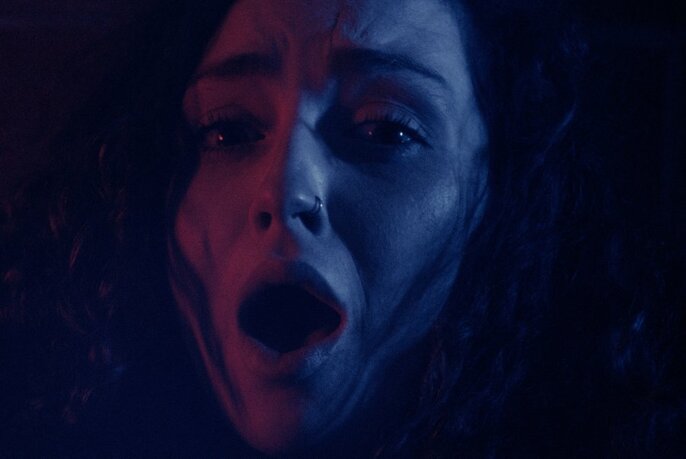 Still from a horror movie in blue hues, showing a woman's face, screaming.