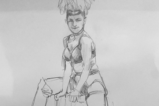 A sketch of a burlesque performer on a chair. 