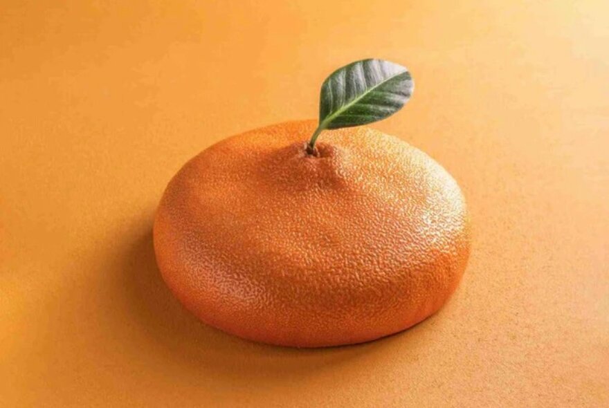Cake that looks like a flat mandarin, set against an orange background.