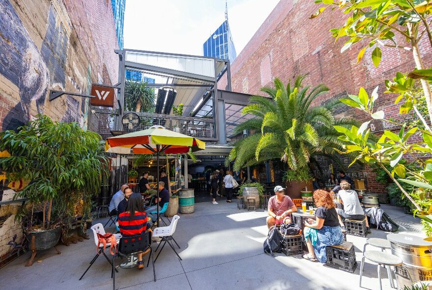 A group of people are in a outdoor laneway bar surrounded by street art and palm trees