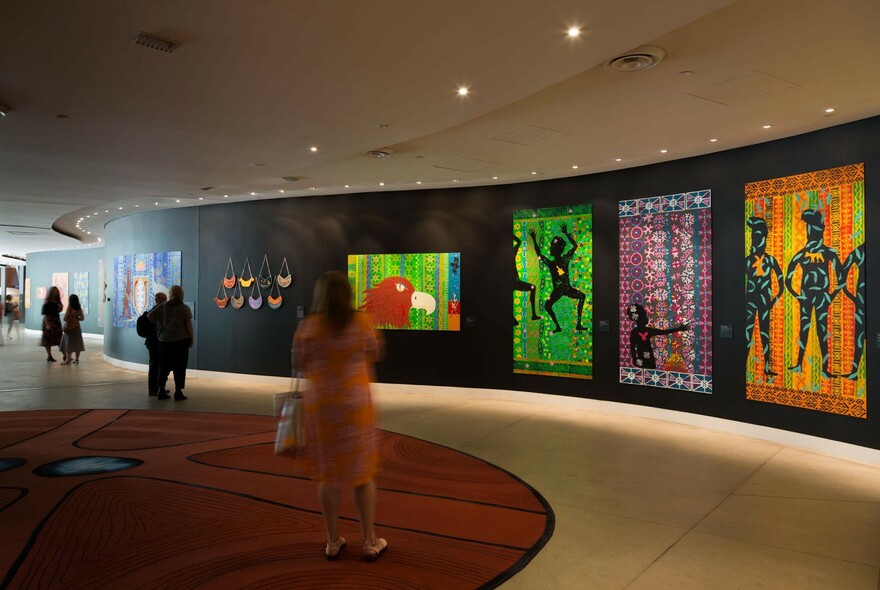 Paintings on display at Melbourne Museum's Bunjilaka Aboriginal Cultural Centre.