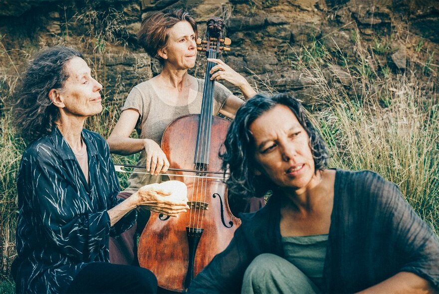 Three mature women in nature, one playing the cello, another carefully cradling an unknown object and the other looking off to her left.