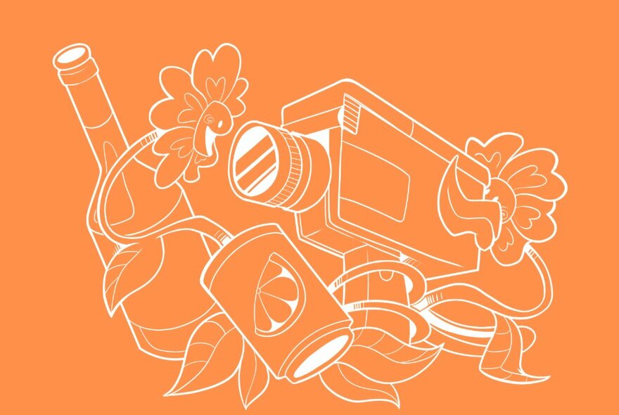 Line drawing of a movie film camera, and a bottle of wine intertwined with flowers, against an orange background.