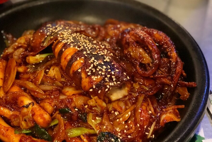 Close up on Korean barbecue dish.