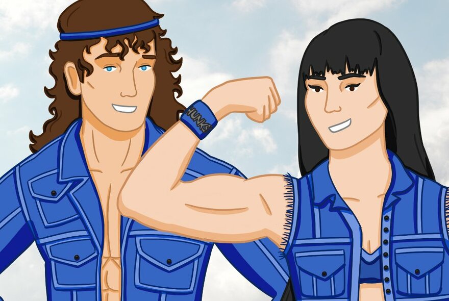 An illustration of cartoonish people in denim tops, the woman showing off the muscles in her arms. 