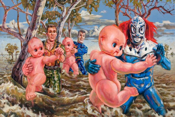 An artwork of superheroes holding toy babies.
