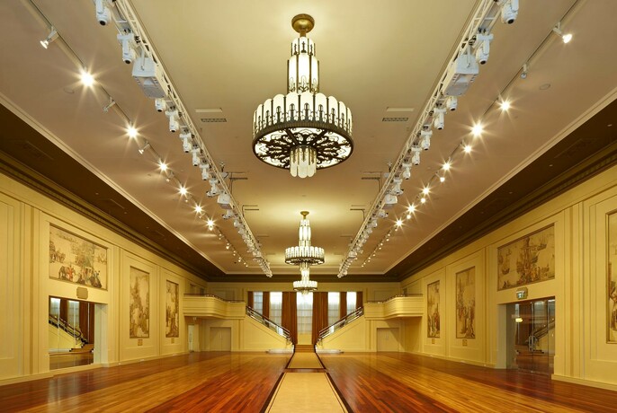 Heritage-listed Myer Mural Hall with art deco chandelier. 