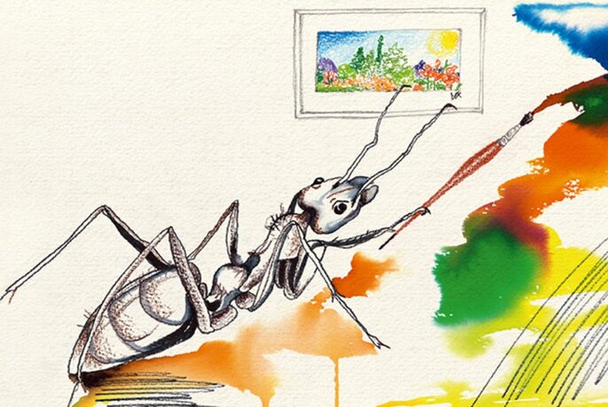 Black ink drawing of an ant holding a brush and painting with watercolours. 