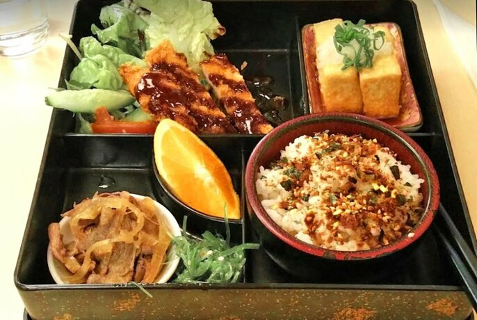 Japanese Bento box containing rice, sliced meat, tofu and garnishes.
